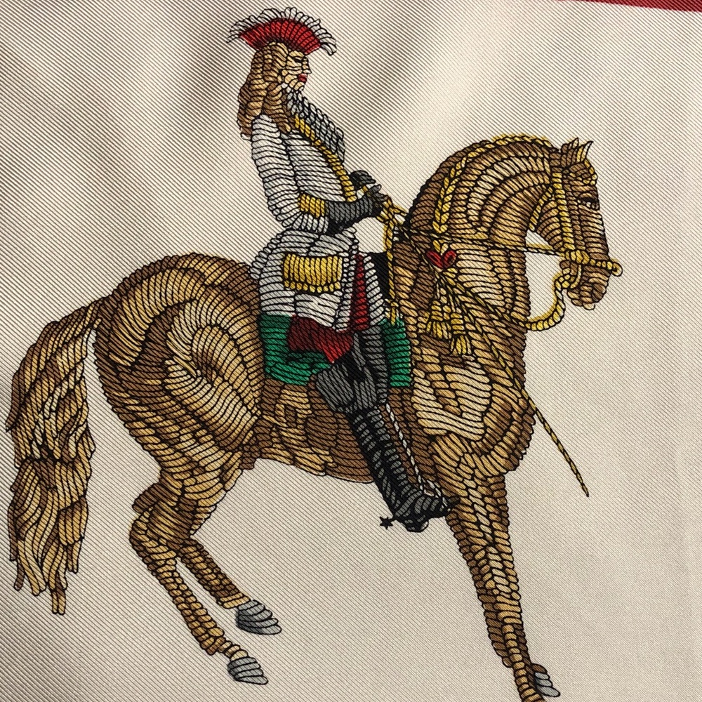 Equestrian Crest Print Silk Scarf - Red, Cream, Gold - Picture 2 of 5